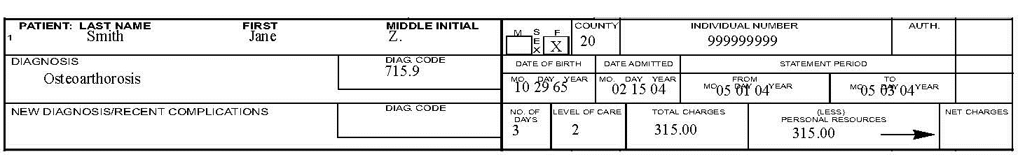 Image of paper claim submission for Claim #1 example showing where each piece of information should go on the claim form.