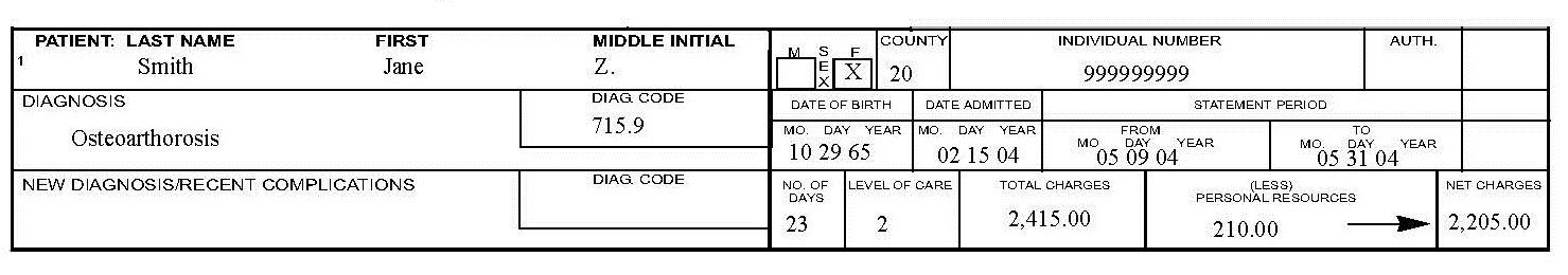 Image of paper claim submission for Claim #2 example showing where each piece of information should go on the claim form.