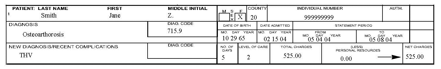 Image of paper claim submission for Claim #3 example showing where each piece of information should go on the claim form.