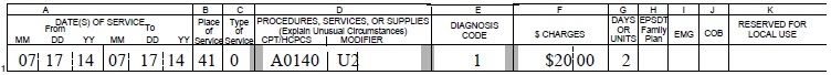 A single line from a claim form. This line has an A0140 Procedure code with a U2 modifier.  This indicates the second trip on the given date.