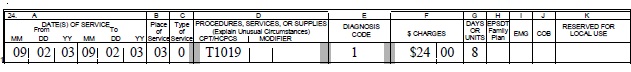 Image of a claim line for Personal Care services.