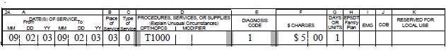 Image of a single line of a claim from private duty nursing services.