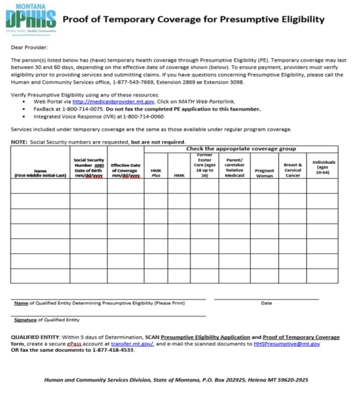 Screen shot of the Proof of Temporary Cover for Presumptive Eligilibility Form