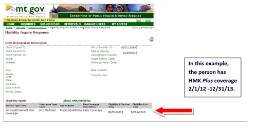 Screen shot of the Eligibility Inquiry Response when the person has HMK Plus Coverage